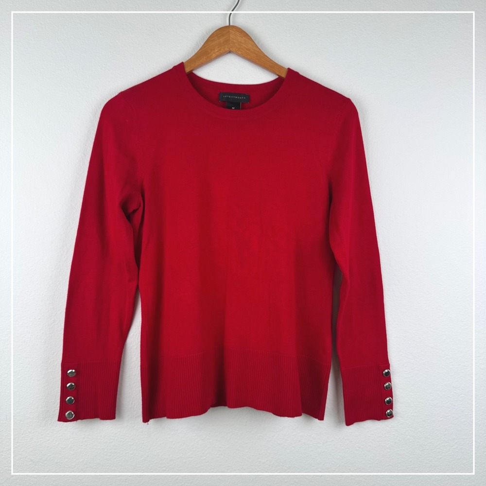 Investments Sweater Women Medium Red Excellent Button Cuff Crew Neck Chic Office